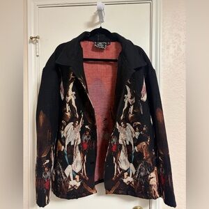 rebels Black Knit Jacket with Renaissance-Style Multicolor Print